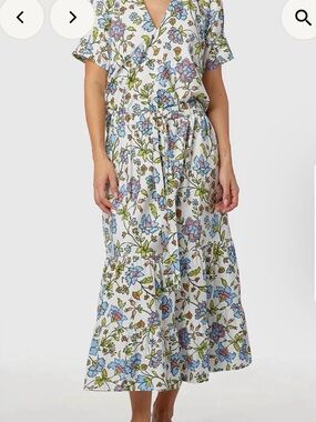 White Floral Midi Dress with Blue & Green Print